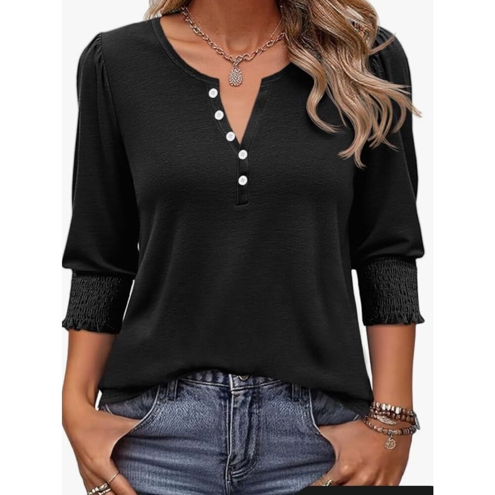 NWT SZ LRG Classic Black Henley Sleeve-Detail Top